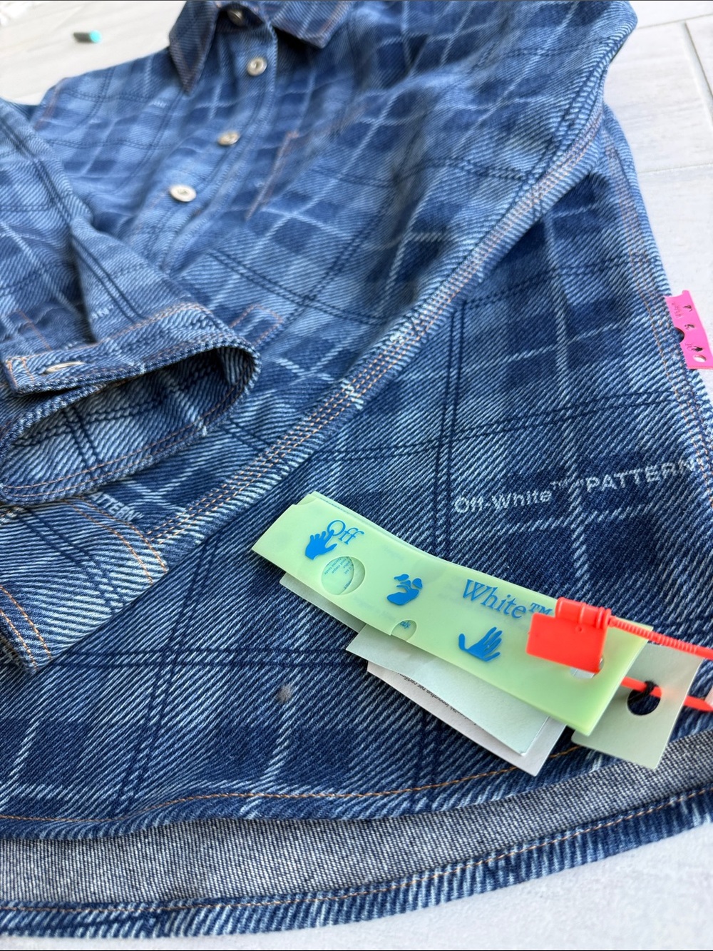Off-White Men’s Plaid Denim Shacket with Tag Detail